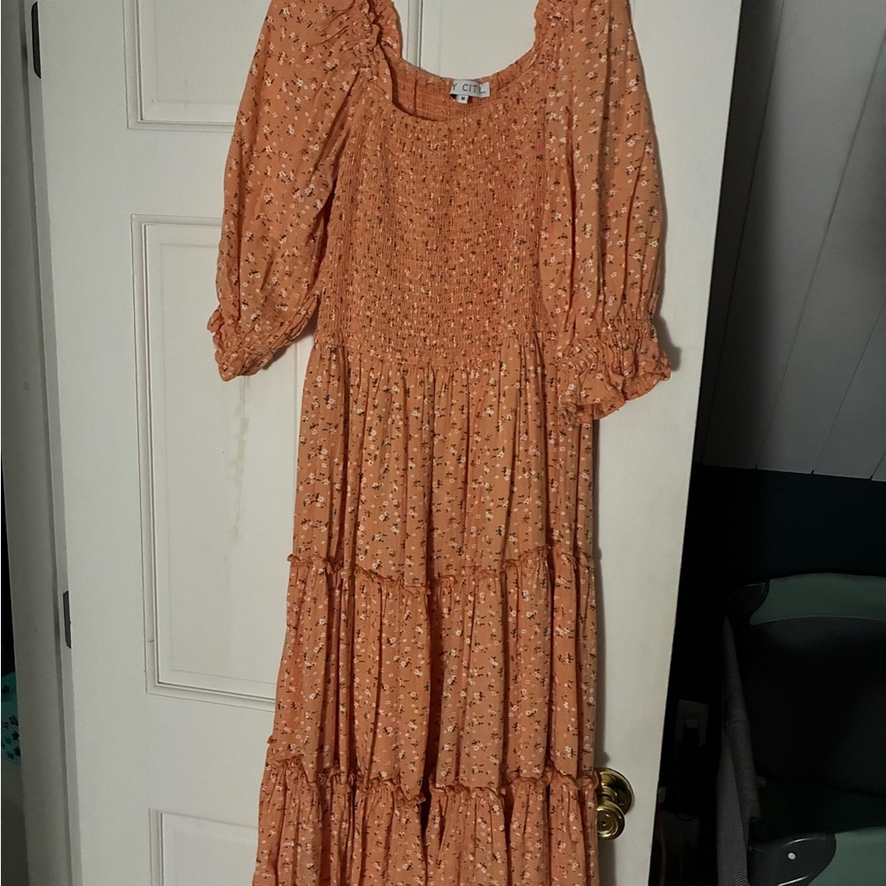 Orange Floral Smocked Dress